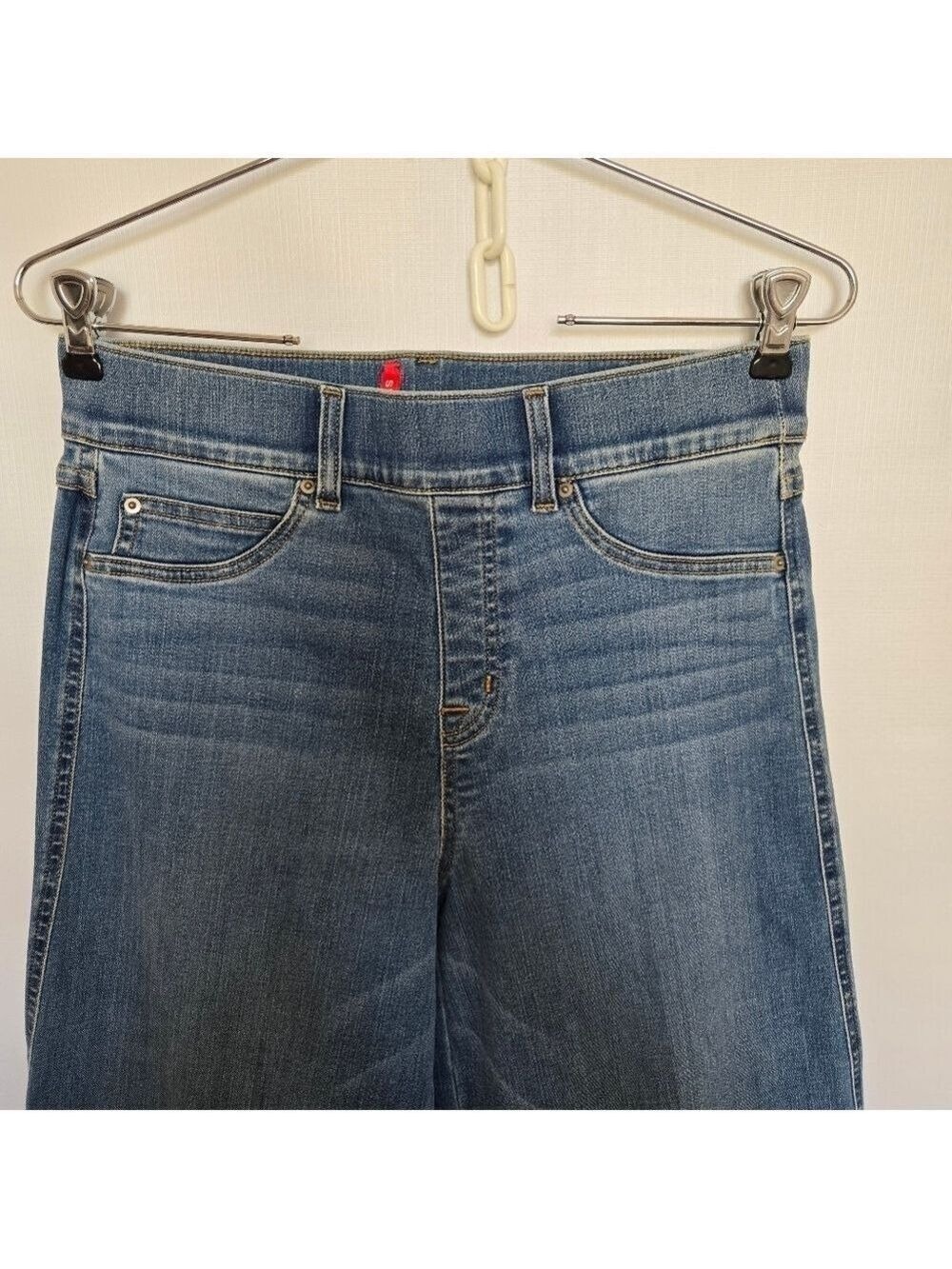 SPANX JEANS WOMENS MEDIUM WIDE LEG PULL-ON SEAMED FRONT HIGH RISE MED WASH BLUE - Picture 4 of 10